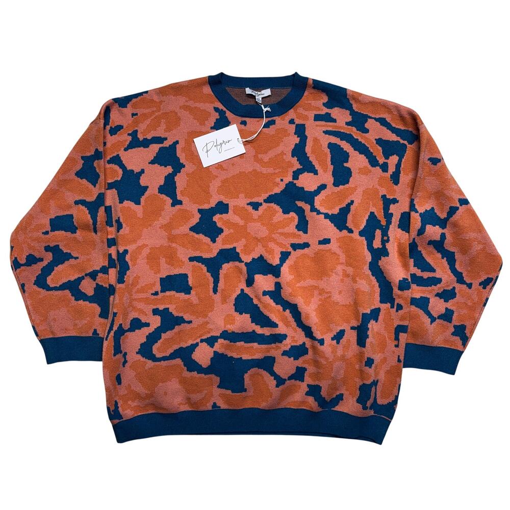 Pologram Sweater 2XL XXL Orange Blue Womens Grand Flowers Crewneck Pullover NWT